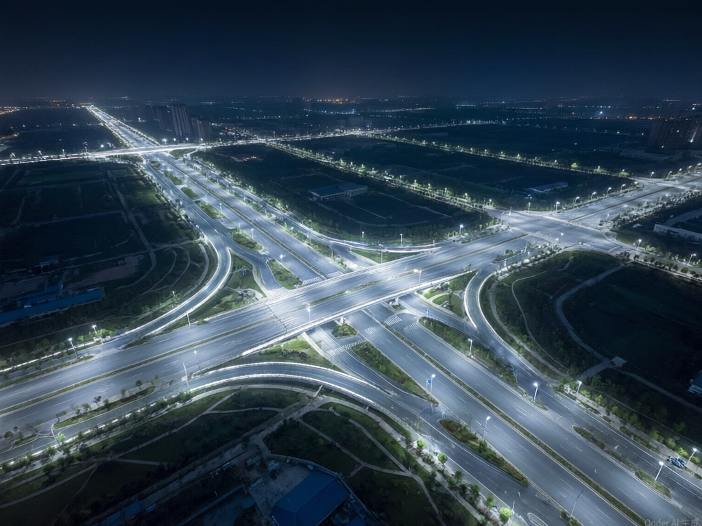 盘锦市大洼区路灯改造 — 夜间道路照明航拍